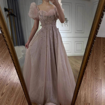 Elegant Pink A-Line Beaded Short Sleeve Evening Gown with Lace-Up Back LA71773 - SERENE HILL