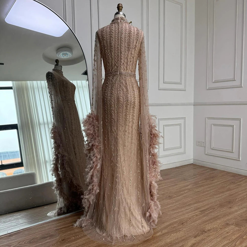 Elegant Rose Gold Evening Dress Featuring Feathered Cape Sleeves LA72947 Rose Gold / 16