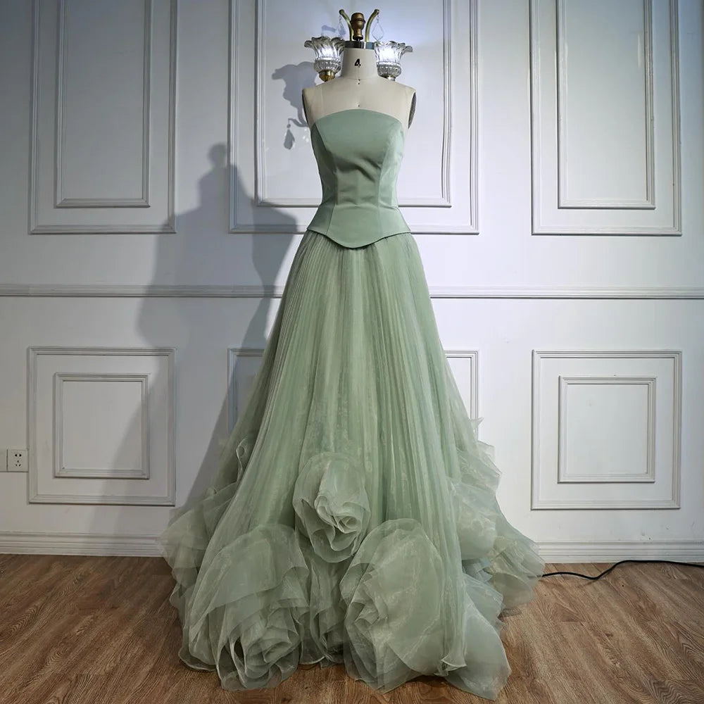 Elegant Sage Green 3D Flowers A Line Evening Dresses Gowns LA72913 - SERENE HILL