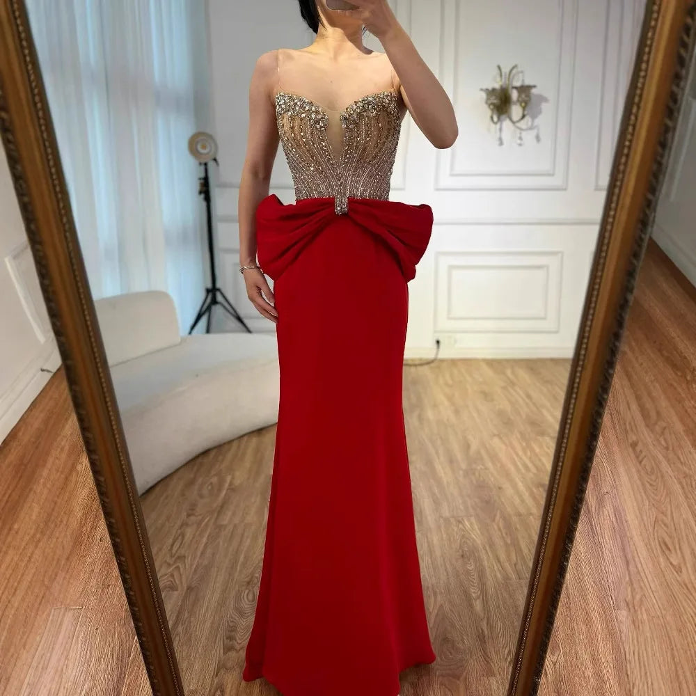 Designer Red Satin Evening Dress with Bow LA73060 - SERENE HILL