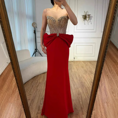 Designer Red Satin Evening Dress with Bow LA73060 - SERENE HILL