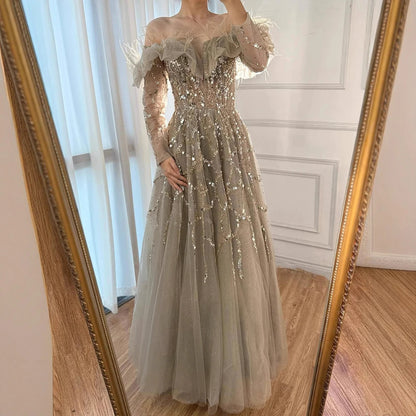 Luxury Caramel Beaded Feather A-Line Sparkle Evening Dress LA71328A - SERENE HILL