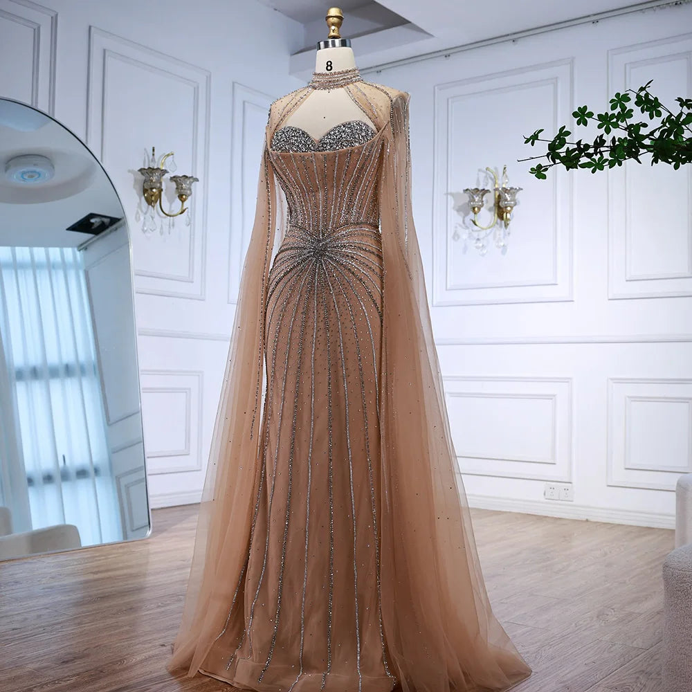 Nude Luxury Beaded Mermaid Evening Gown with Cape Sleeves LA72811A - SERENE HILL