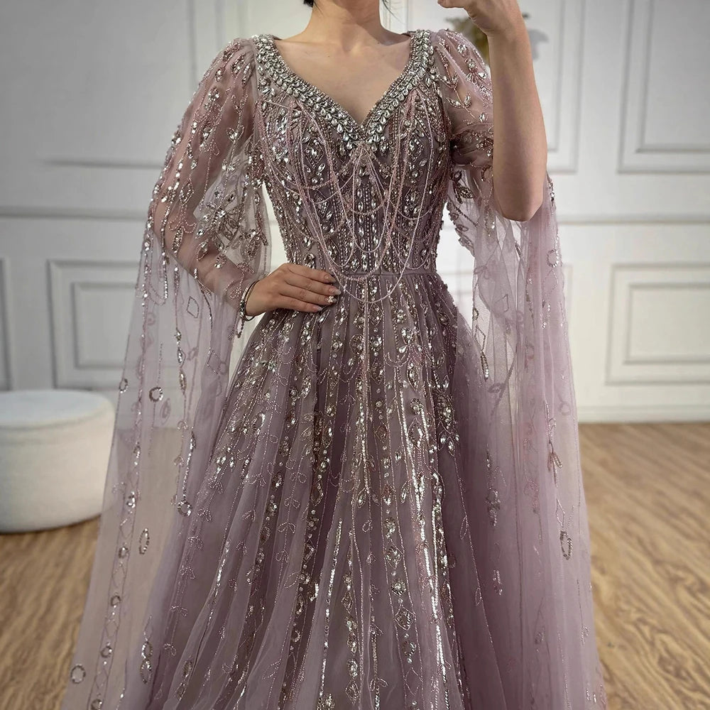 Luxury Nude Beaded Evening Dress with Cape Sleeves for Formal Occasion LA72764A - SERENE HILL