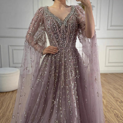 Luxury Nude Beaded Evening Dress with Cape Sleeves for Formal Occasion LA72764A - SERENE HILL