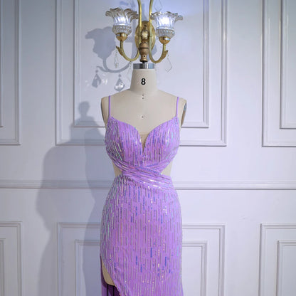 Luxury Purple Sequin Prom Dress with Slit and Cutout Waist LA73000 - SERENE HILL