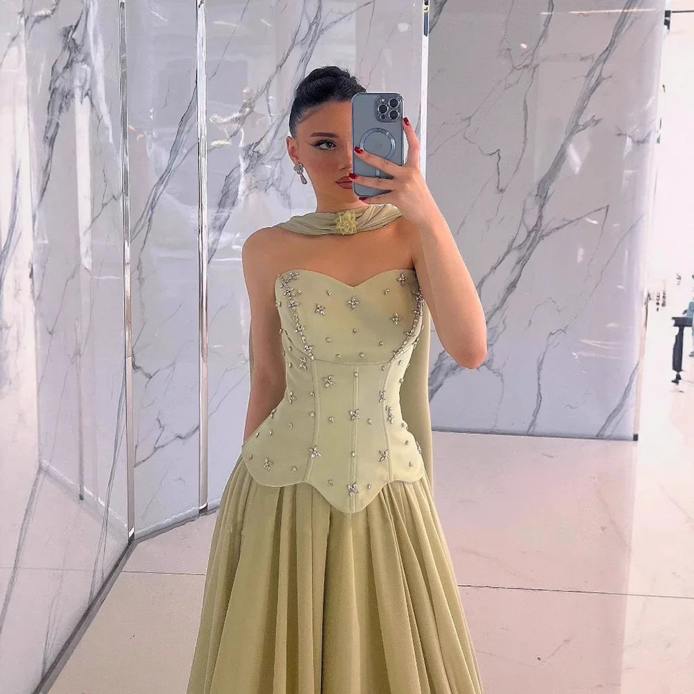 Classy Sage Green A-Line Chiffon Evening Dress LA73073 - SERENE HILL