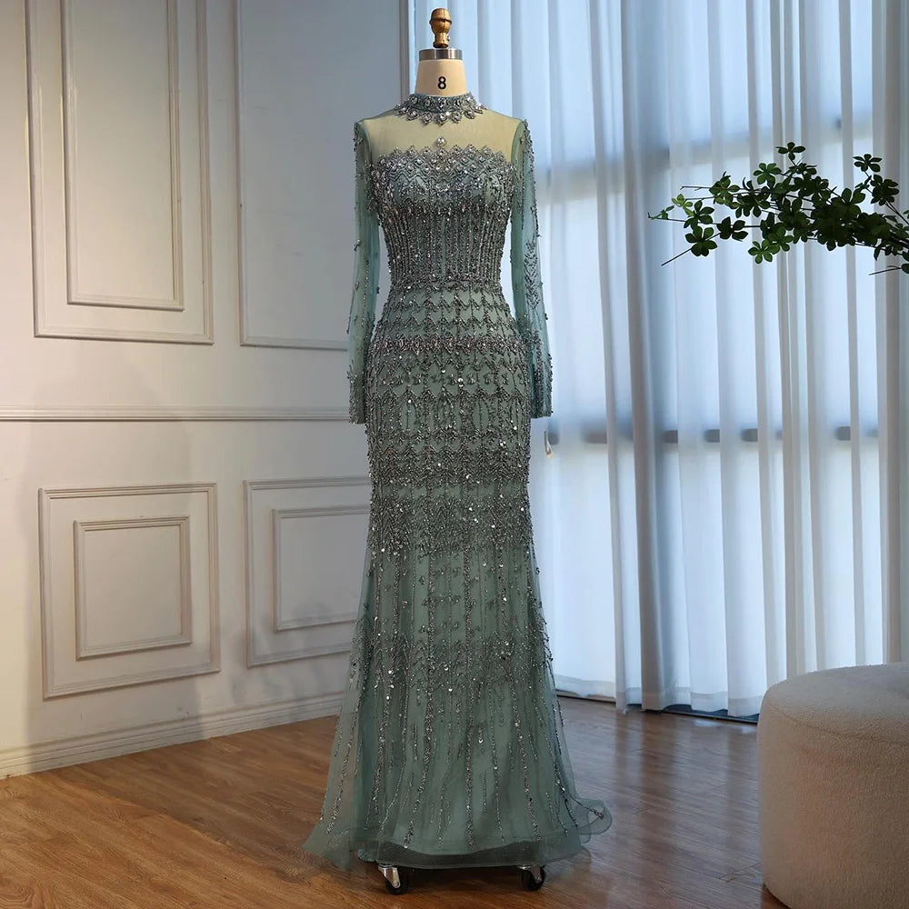 Luxury Arabic Turquoise Beaded Mermaid Evening Dress Long Sleeve LA72714C - SERENE HILL