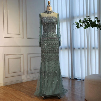 Luxury Arabic Turquoise Beaded Mermaid Evening Dress Long Sleeve LA72714C - SERENE HILL