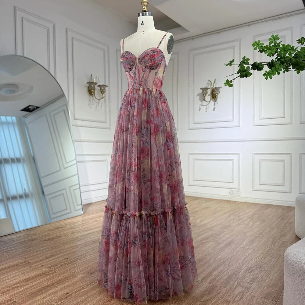 SERENE HILL Pink A-Line Tulle Printed Ruffle Tiered Prom Dress LA73149 - SERENE HILL