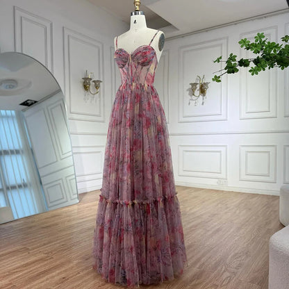 SERENE HILL Pink A-Line Tulle Printed Ruffle Tiered Prom Dress LA73149 - SERENE HILL