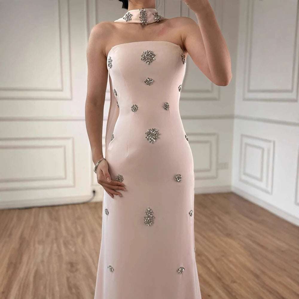 Luxury Pink Arabic Mermaid Crystal Evening Dress with Cape LA73100 - SERENE HILL