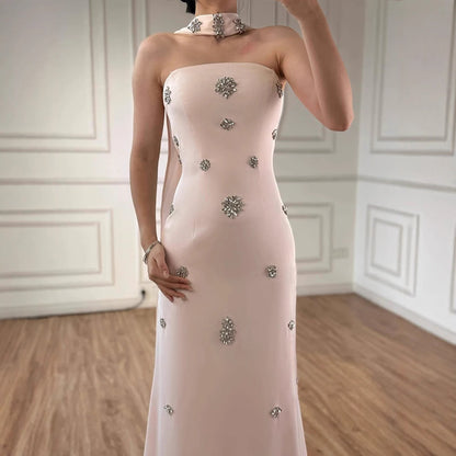 Luxury Pink Arabic Mermaid Crystal Evening Dress with Cape LA73100 - SERENE HILL