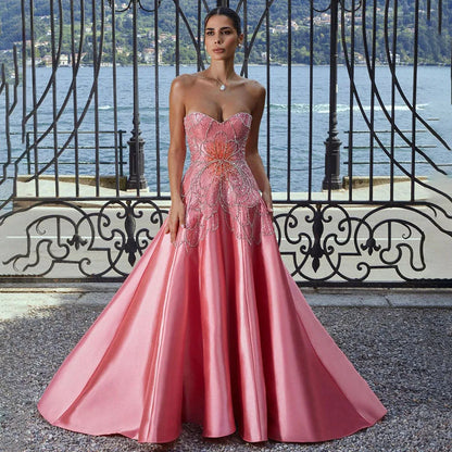Serene Hill Dubai Arabia Peach A Line Satin Luxury Beaded Evening Dresses Gowns For Women Wedding Party 2025 LA72195 - SERENE HILL