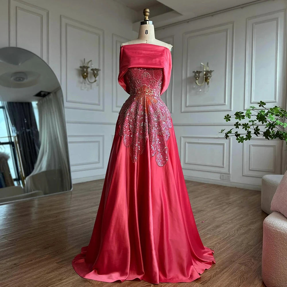 Luxury Pink Satin A-Line Beaded Evening Dress LA72195A - SERENE HILL
