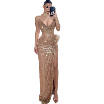 Luxury Rose Gold Saudi Arabic Beaded High Split Evening Dress LA72807B - SERENE HILL