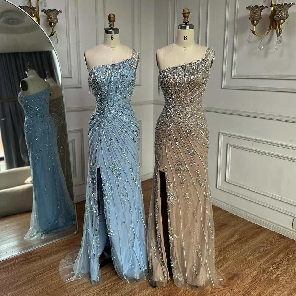 Luxury Caramel One Shoulder Beaded Slit Evening Gown with Tassel Detail LA72926 - SERENE HILL