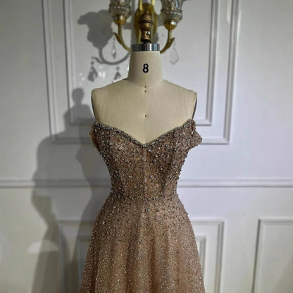 Caramel Off Shoulder A-Line Arabic Evening Dress LA72147B - SERENE HILL