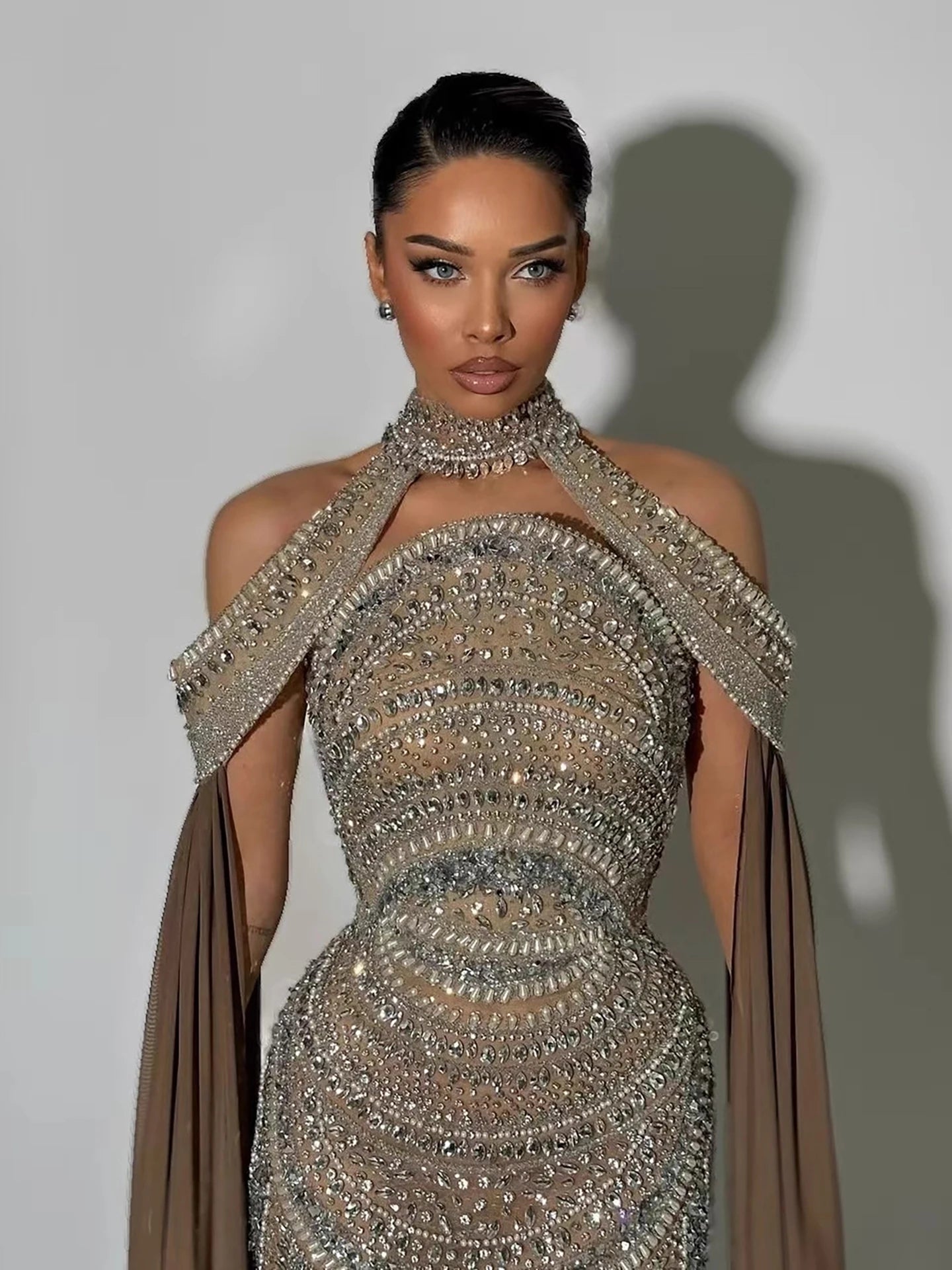 Luxury Caramel Kosovo Beaded Evening Dress with Cape LA73344 - SERENE HILL