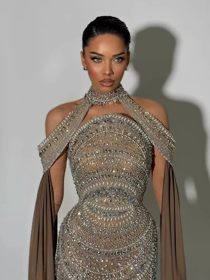 Luxury Caramel Kosovo Beaded Evening Dress with Cape LA73344 - SERENE HILL