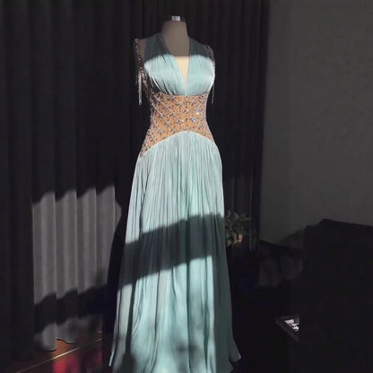 Luxury Turquoise Crystal Beaded A-Line Evening Dress LA73421 - SERENE HILL