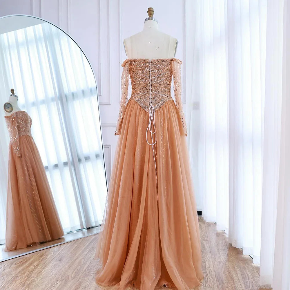 Luxury Nude Off Shoulder A-Line Beaded Evening Dress LA73038 - SERENE HILL