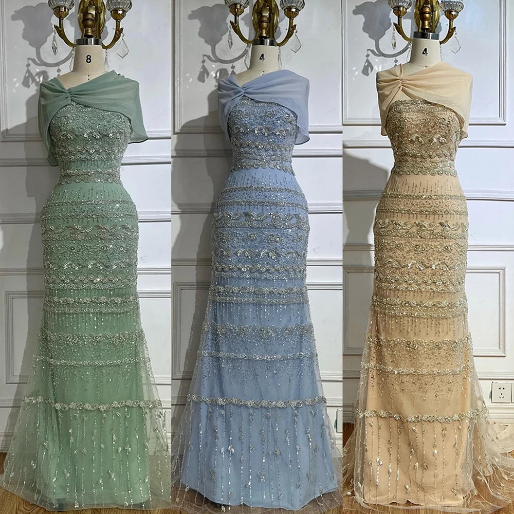 Luxury Sage Green Beaded Evening Dress with Cape LA72126B - SERENE HILL