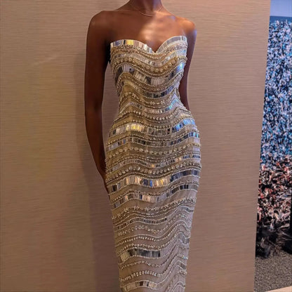 Luxury Silver Nude Beaded Mermaid Evening Dress LA73449 - SERENE HILL