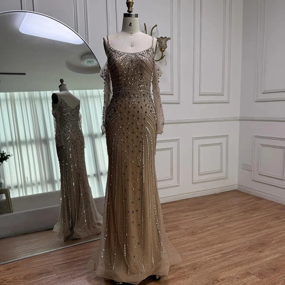 Luxury Nude Navy Blue Silver Beaded Evening Dress with Long Sleeves LA73120 - SERENE HILL