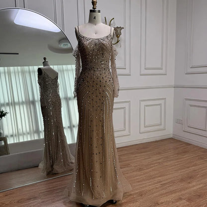 Luxury Nude Navy Blue Silver Beaded Evening Dress with Long Sleeves LA73120 - SERENE HILL