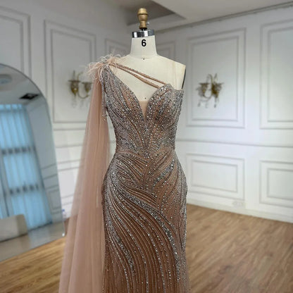 Luxury Caramel One Shoulder Beaded Mermaid Evening Dress LA72895 - SERENE HILL