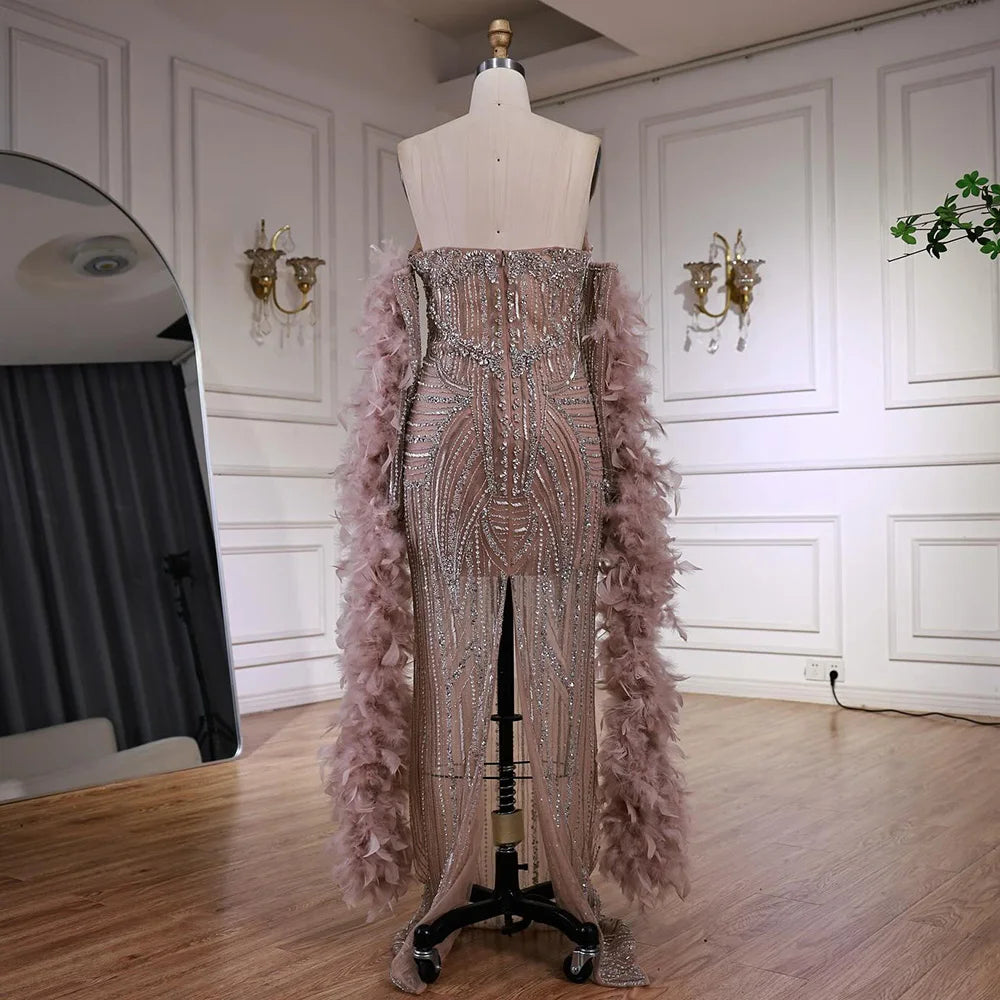 Luxury Caramel Beaded Evening Dress with Feather Sleeves LA73055 - SERENE HILL