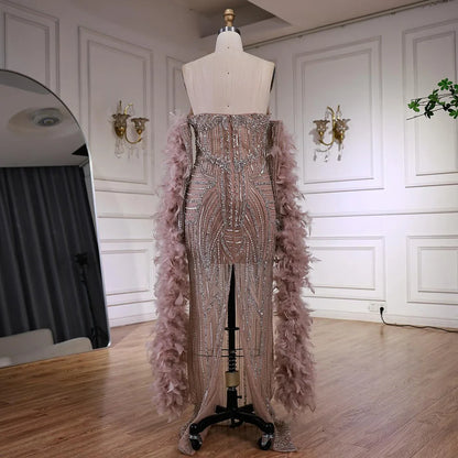 Luxury Caramel Beaded Evening Dress with Feather Sleeves LA73055 - SERENE HILL