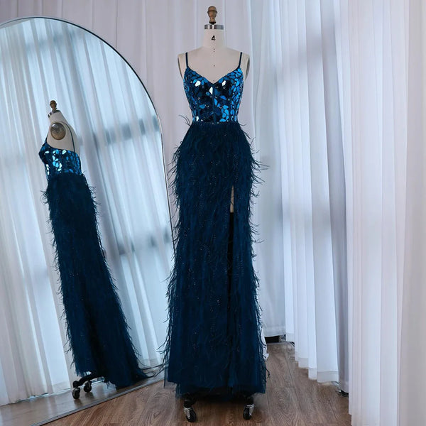 Luxury Peacock Blue Feather Evening Dress with Mirror Beaded Bodice LA73008