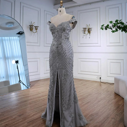 Luxury Silver Gray Off Shoulder Mermaid Evening Dress LA73018 - SERENE HILL