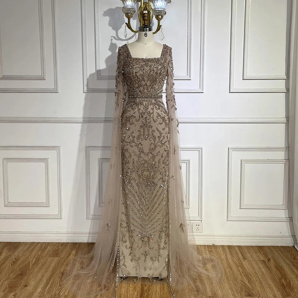 Luxury Dubai Turquoise Evening Dress with Cape Sleeves LA72400 - SERENE HILL