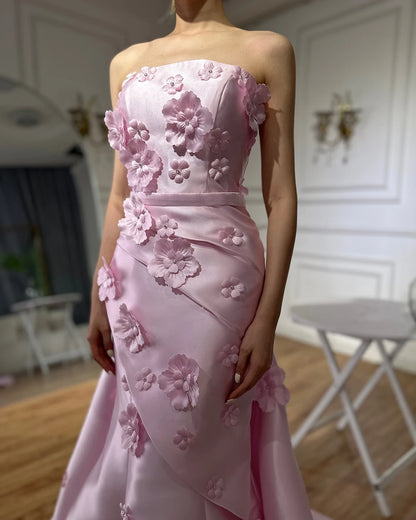 Luxury Dubai Saudi Pink Ruched Appliques Satin Mermaid Evening Dress Gown Lace-Up Back for Formal Occasion LA72740 - SERENE HILL