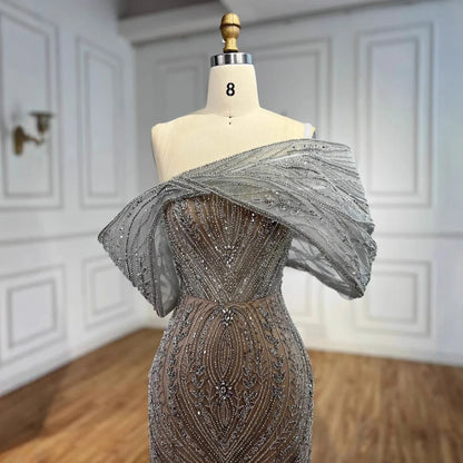 Luxury Silver Nude Off Shoulder Mermaid Evening Dress LA72878 - SERENE HILL
