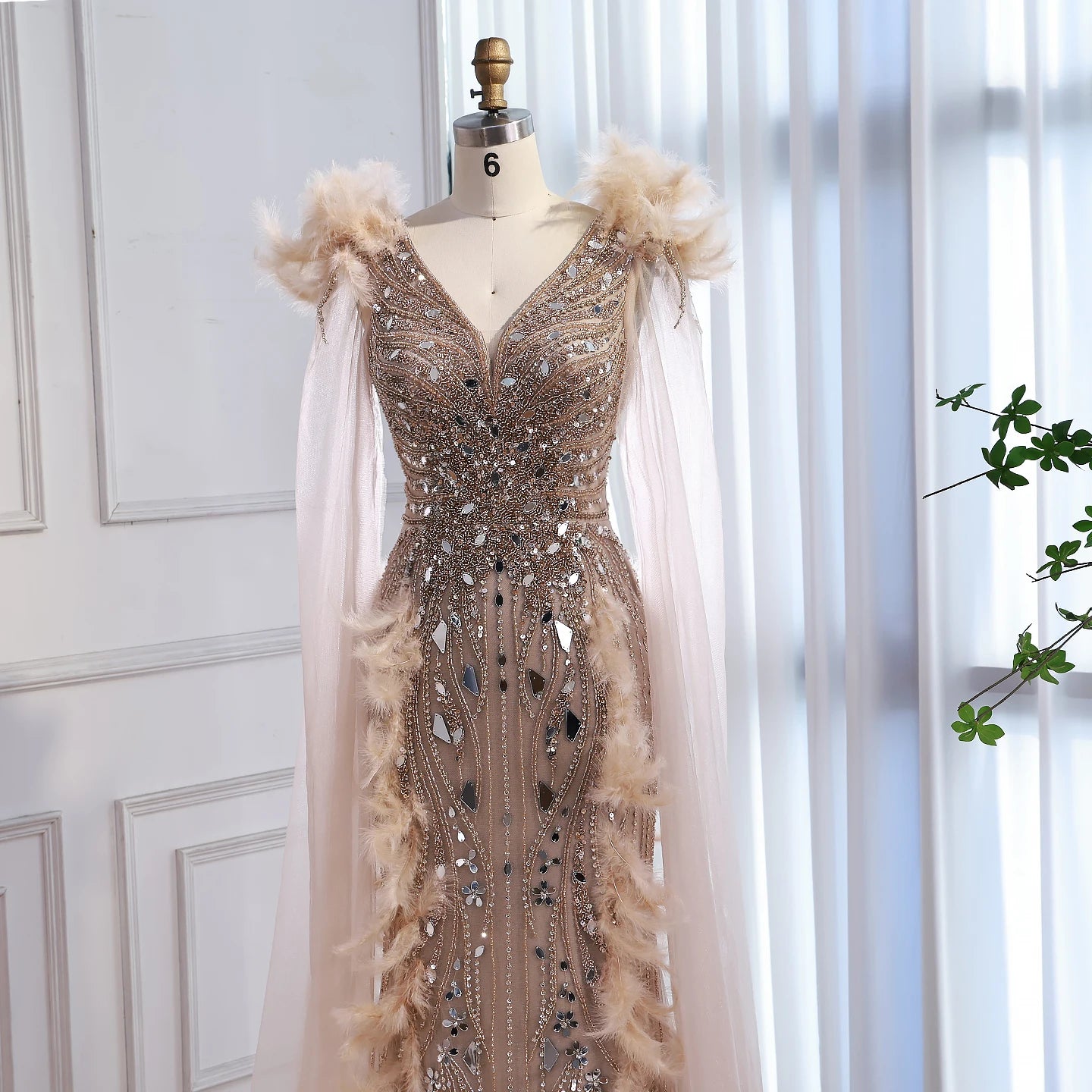 Luxury Caramel Feather Mirror Beaded Mermaid Evening Dress With Cape LA73328 - SERENE HILL