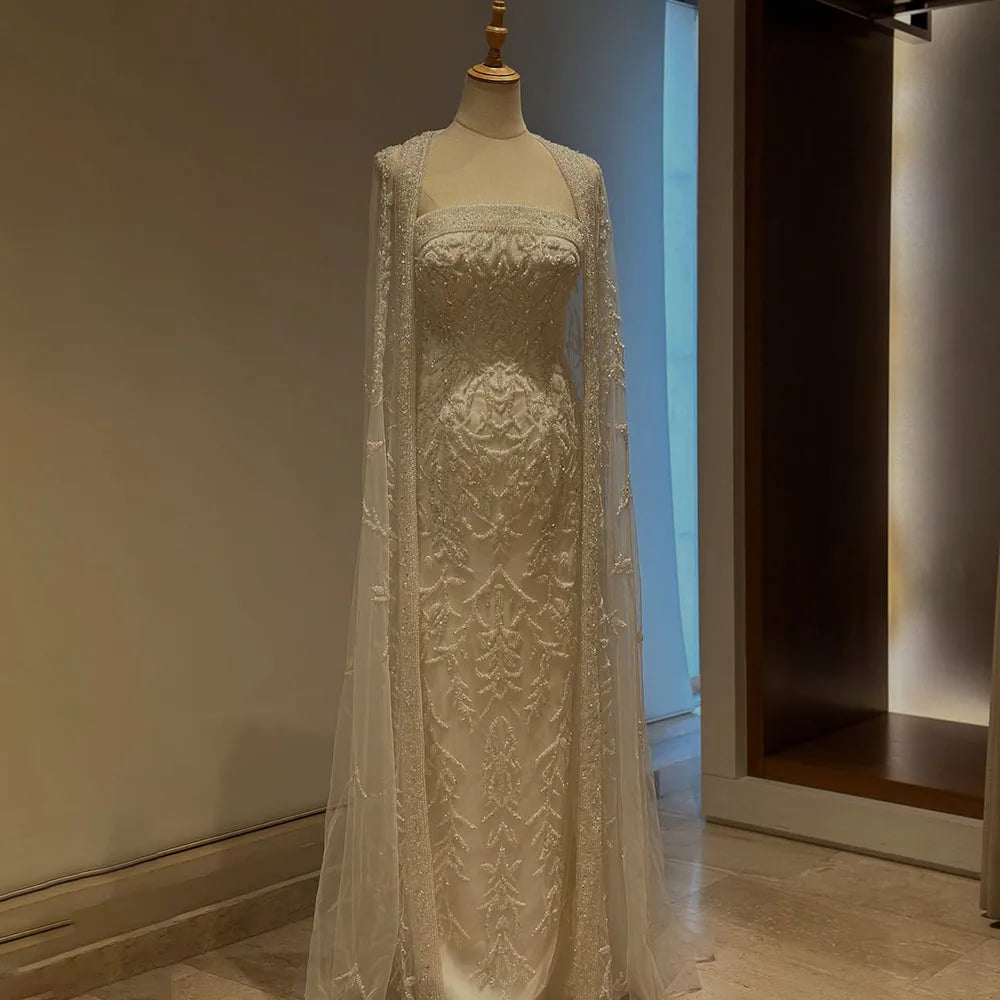 Luxury White Dubai Arabia Beading Evening Dress With Cape LA72870 - SERENE HILL