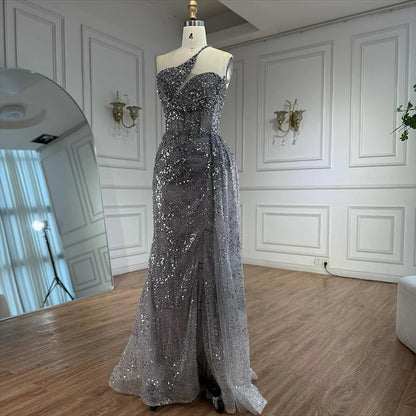Luxury Silver Gray Crystal Beaded One Shoulder Evening Dress with Overskirt LA73160 - SERENE HILL