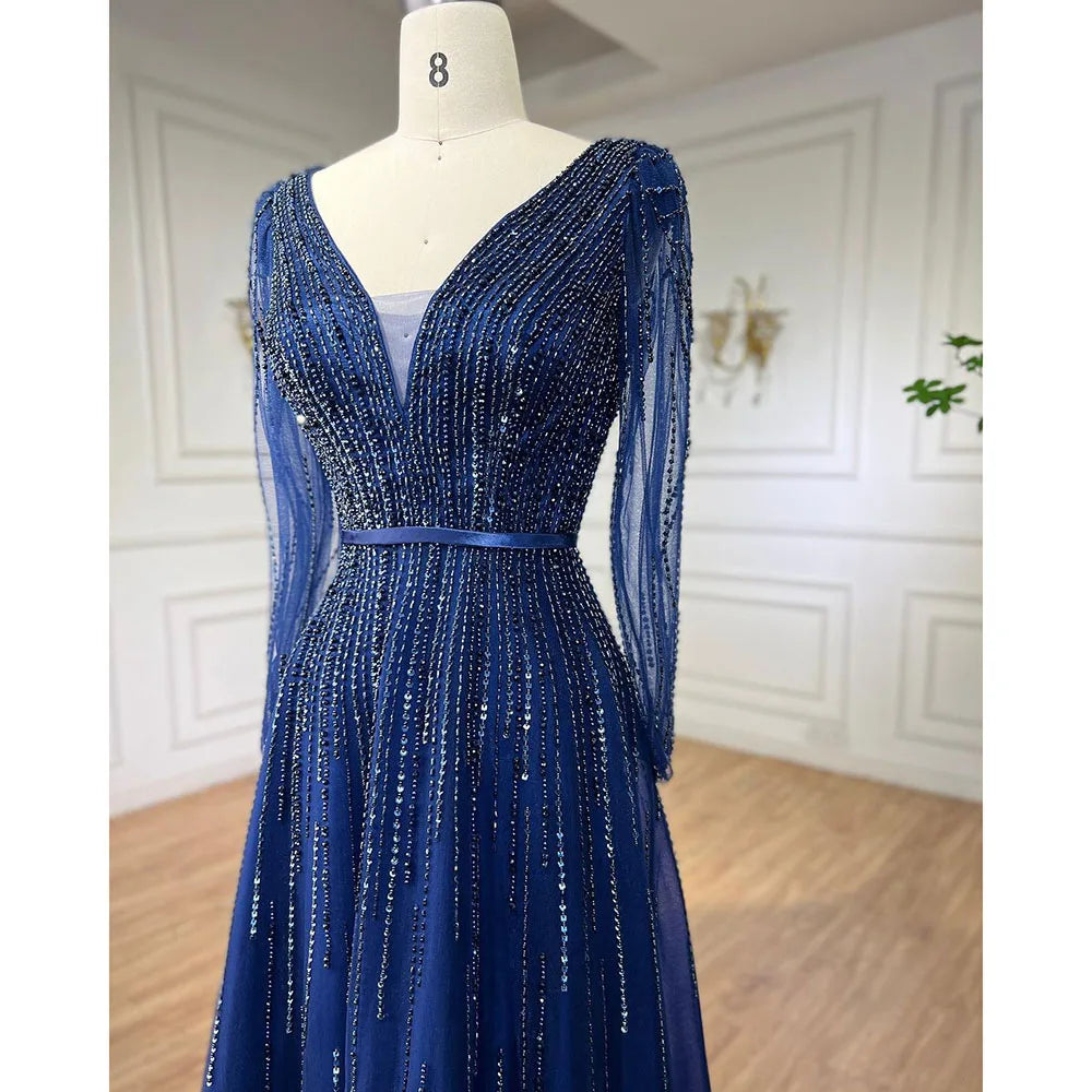 Muslim Navy Long Sleeves A-line Beaded Evening Dresses Forml Occasion Party Gowns For Women LA72019 - SERENE HILL