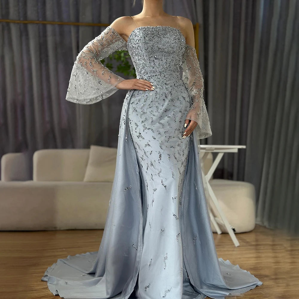 Dubai Luxury Blue Beaded Pearls Evening Gown with Overskirt LA72705 - SERENE HILL