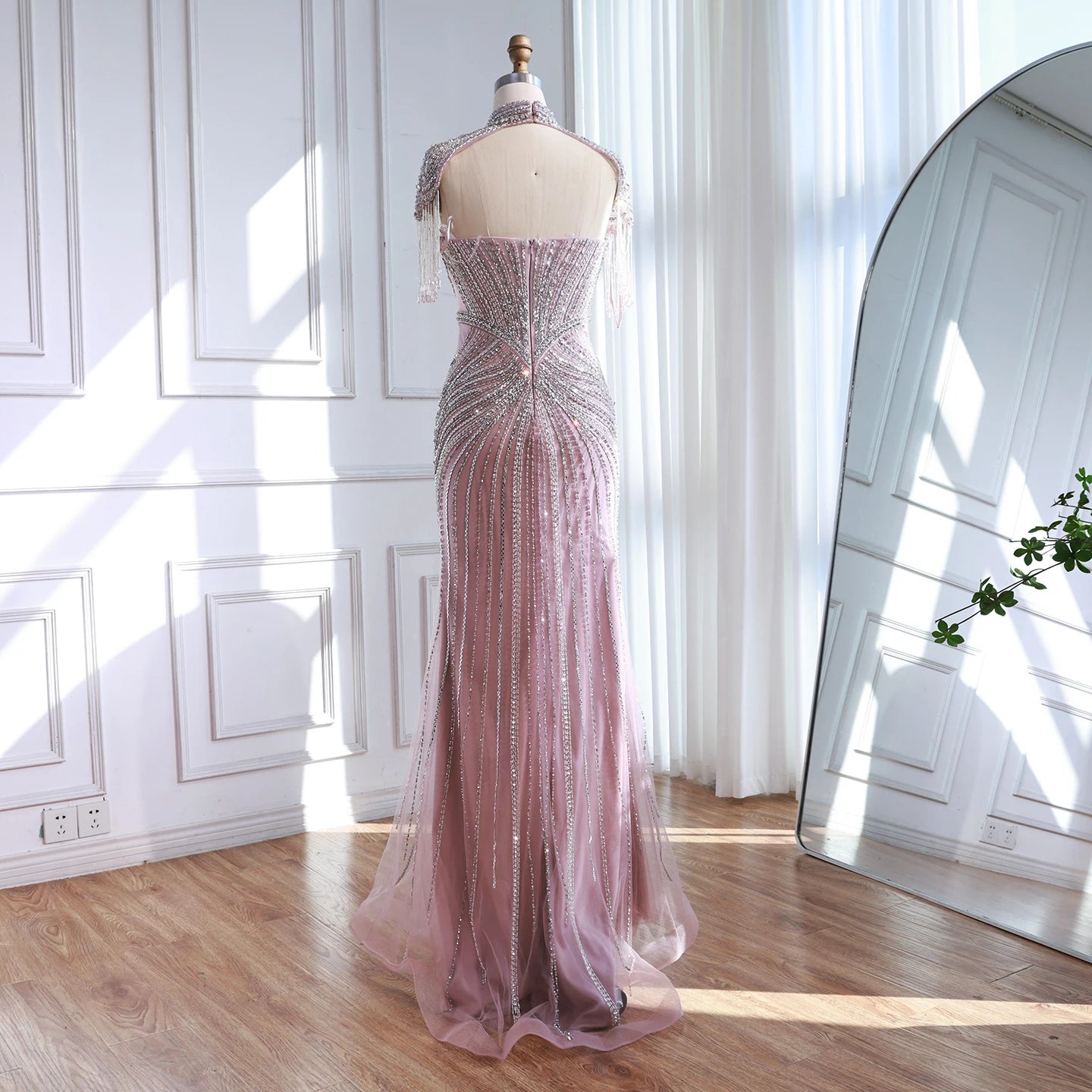 Nude Mermaid Evening Dress with Detachable High Neck Tassel LA72891A - SERENE HILL