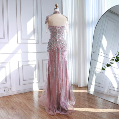 Nude Mermaid Evening Dress with Detachable High Neck Tassel LA72891A - SERENE HILL