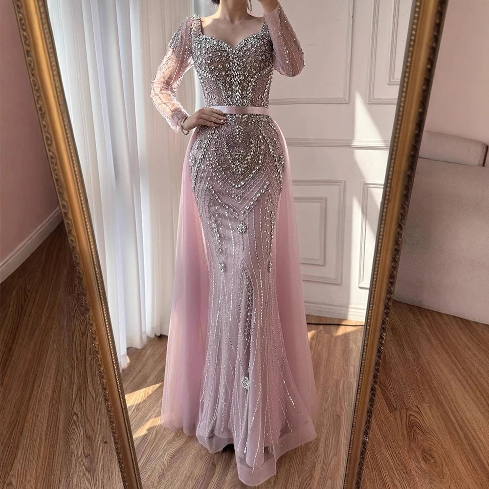 Luxury Nude Beaded Mermaid Evening Dress with Overskirt LA73190 - SERENE HILL
