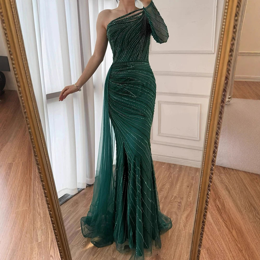 On Sale no return no refund Serene Hill Green One Shoulder Mermaid Split Open Evening Dresses Beaded Sexy Party Gowns 2025 For Women LA72046 - SERENE HILL