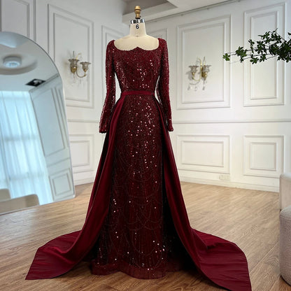 Luxury Wine Red Mermaid Evening Dress with Overskirt Plus Size LA72352A - SERENE HILL