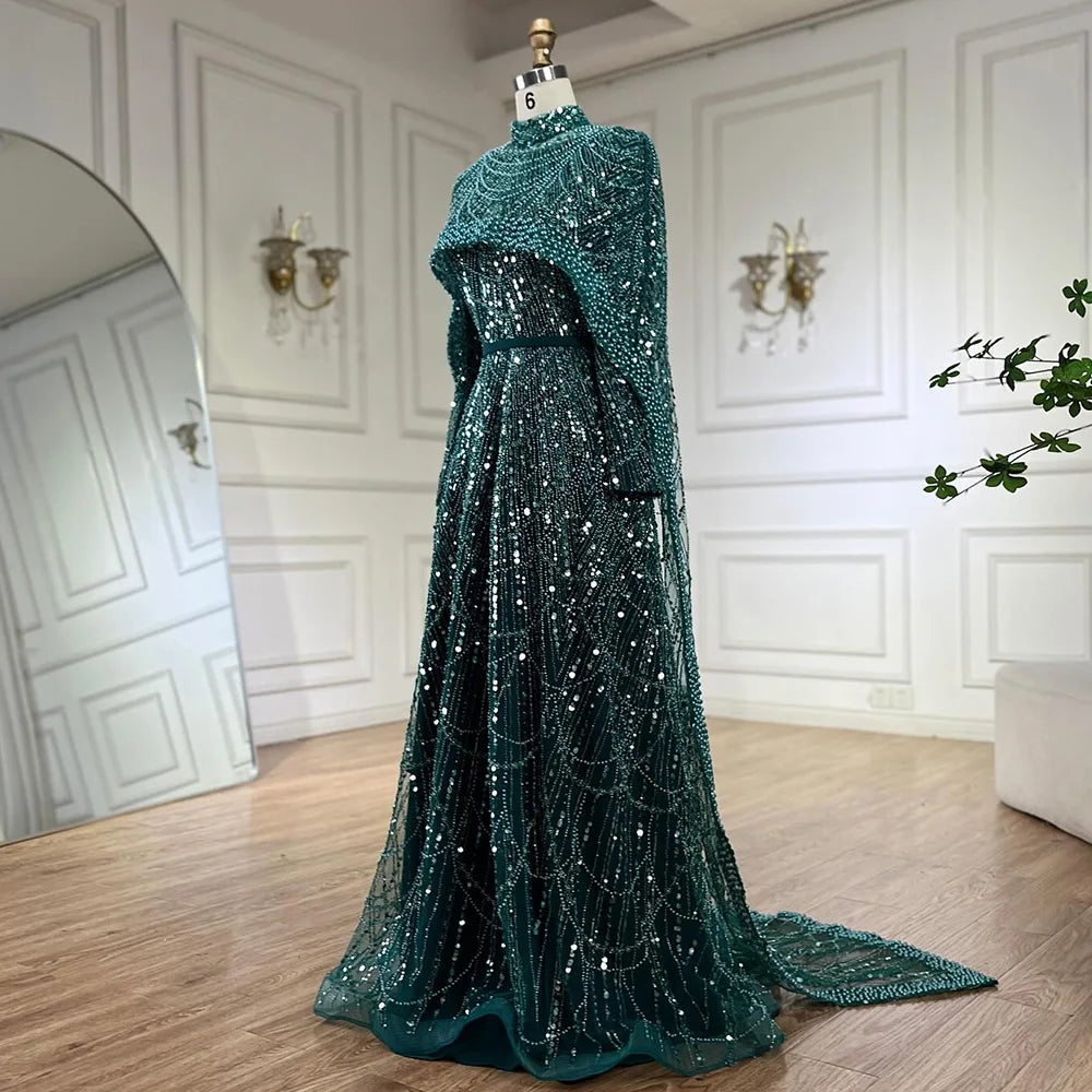 Green Blu Sage Evening Gown Luxury Modest Sage Green Evening Dress With Pearls LA72032B Green Blu Sage Evening Gown Luxury Modest Sage Green Evening Dress With Pearls LA72032B