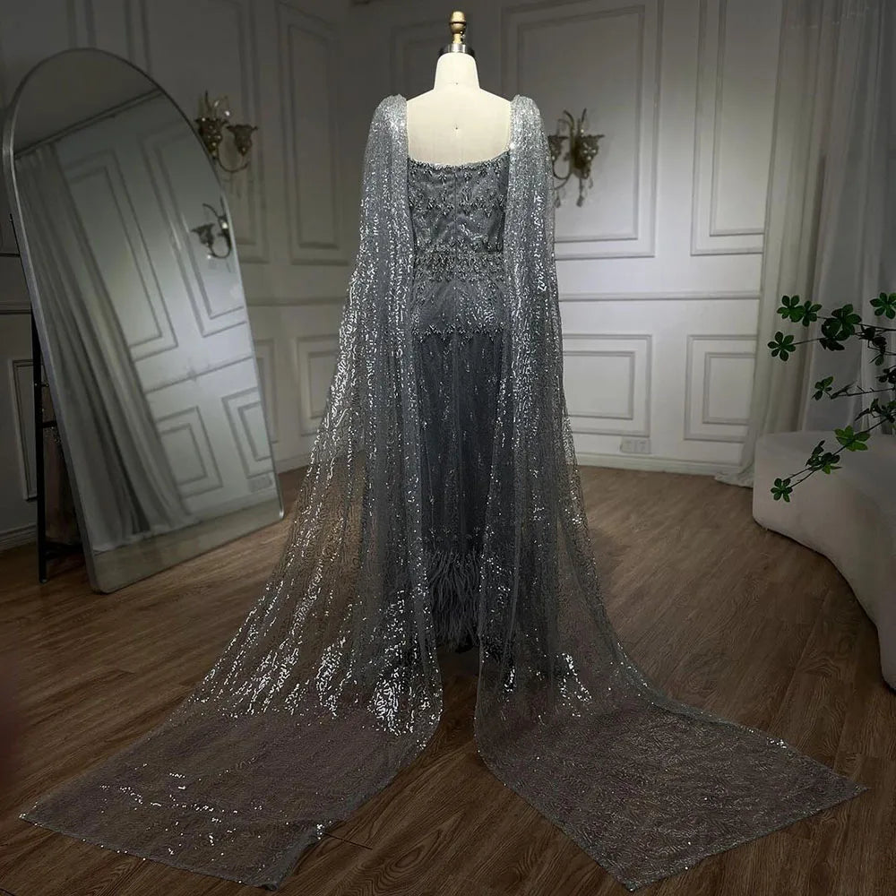 Bling Gray Mermaid Feather Arabic Midi Evening Dress with Cape LA72334 - SERENE HILL